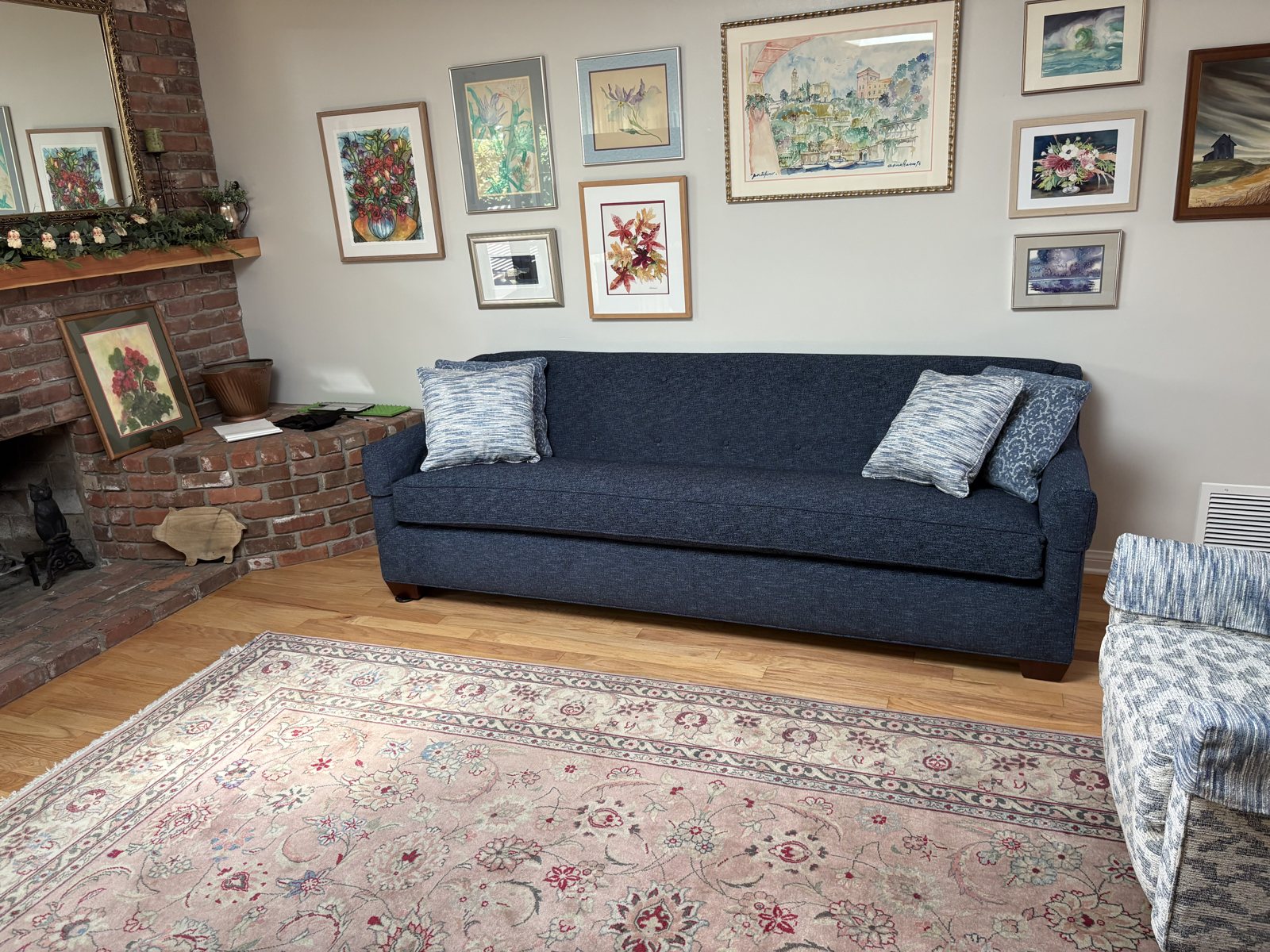 Delivered: the finished sofa, sized to her
