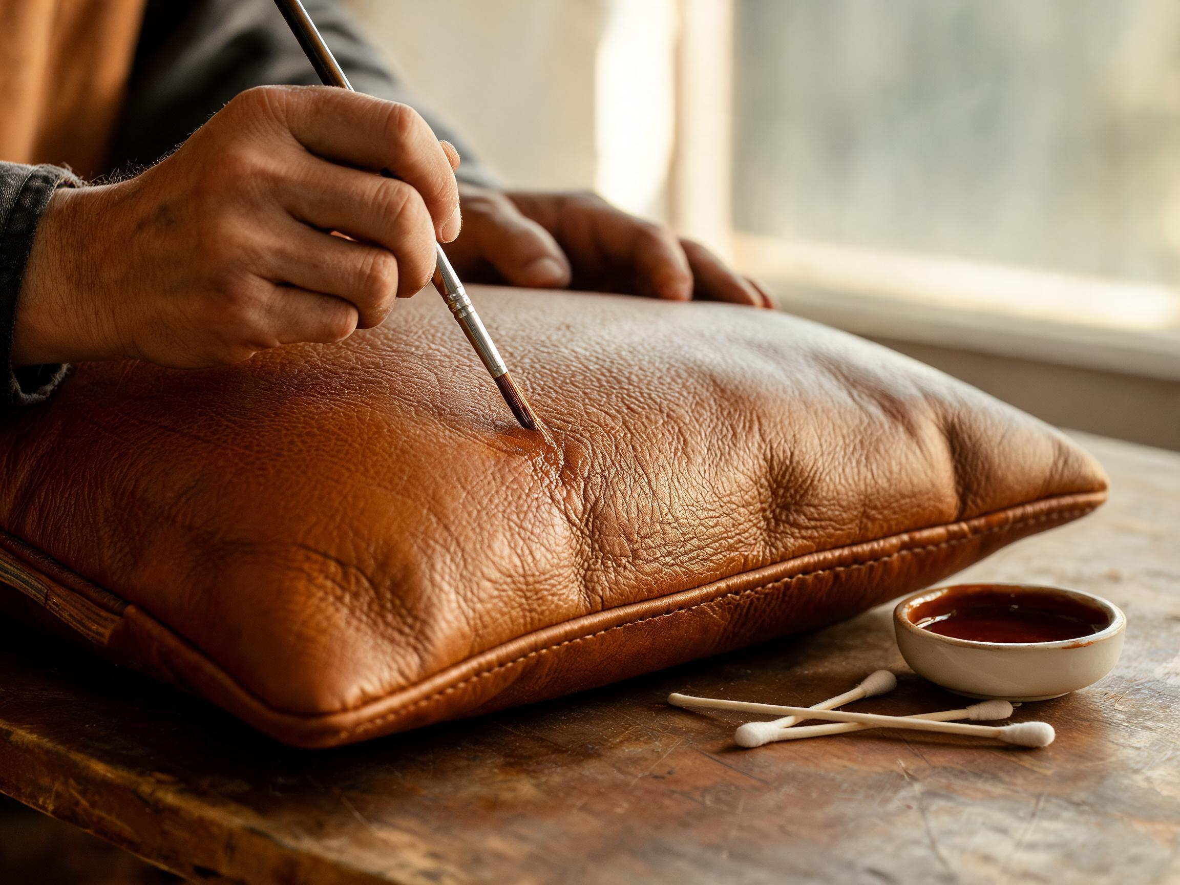 Craftsman touching up dye on a caramel-brown leather cushion
