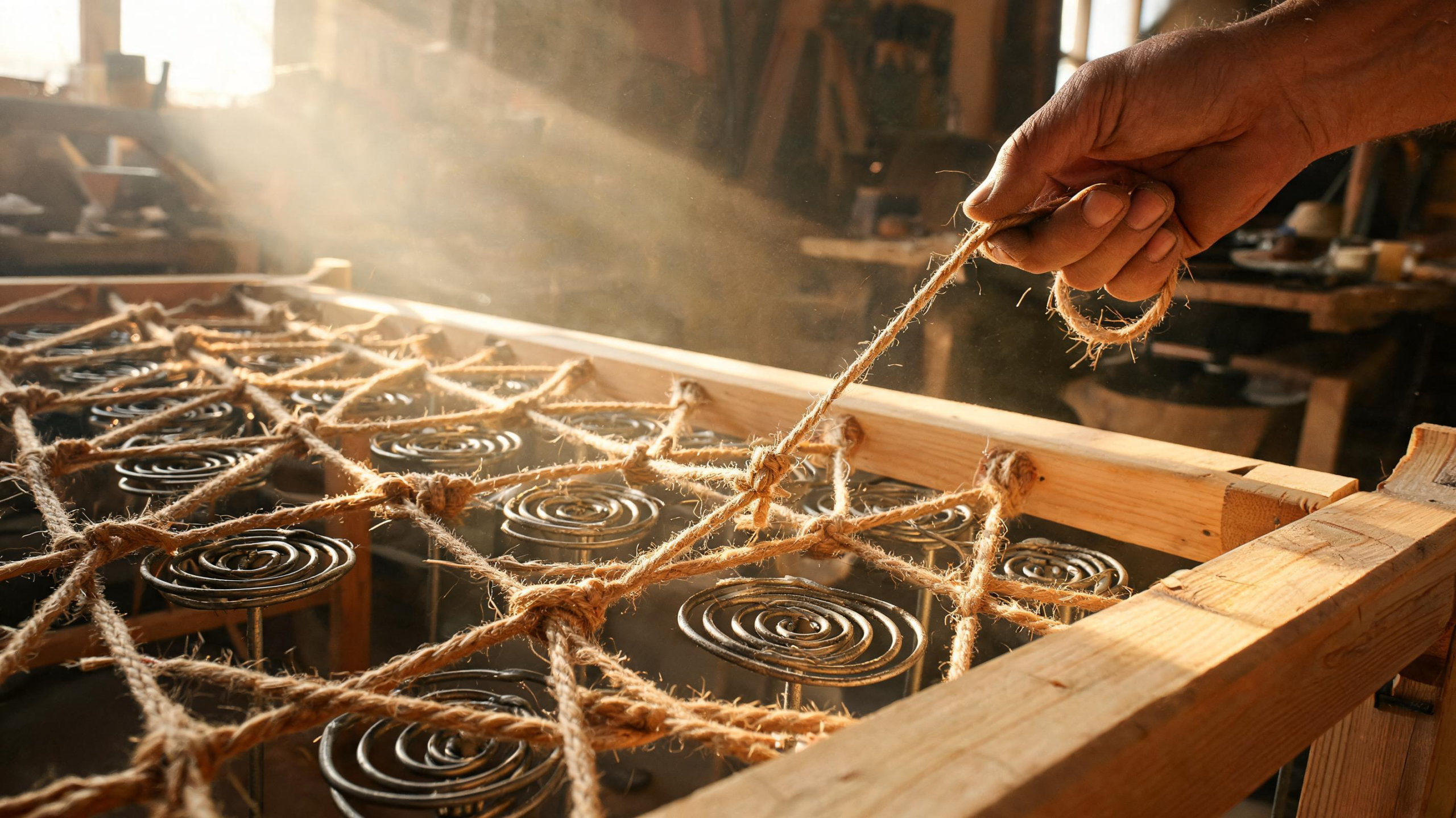 Craftsman hand-tying sofa springs — the eight-way method
