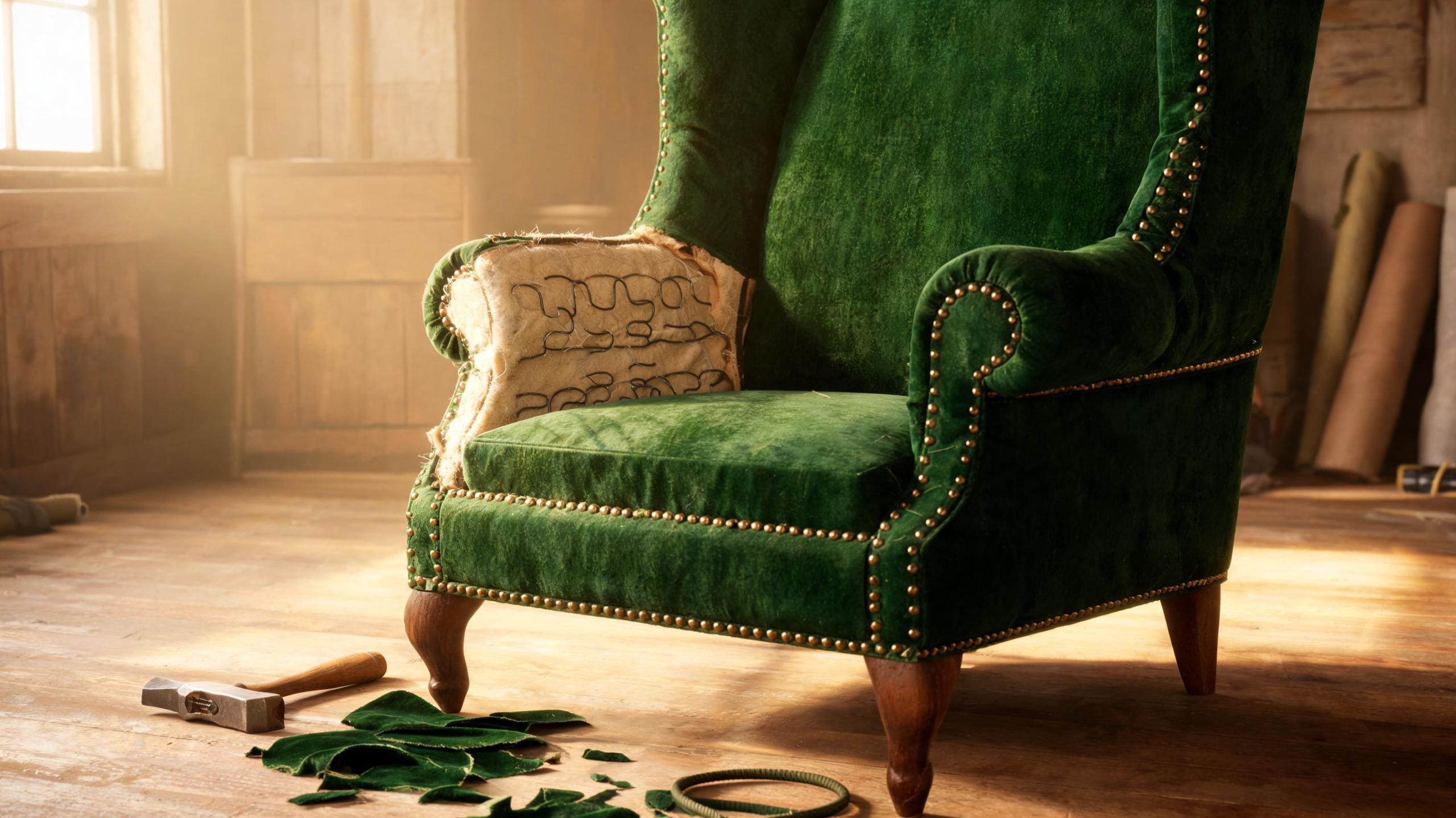 Antique wingback showing exposed horsehair batting beside new emerald velvet